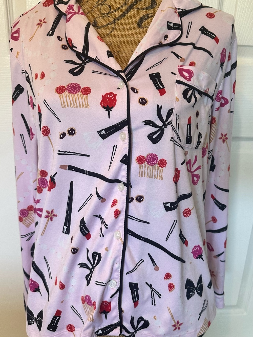 kate spade Pink Satin-Style Long-Sleeve Pajama Top with Cosmetic Print